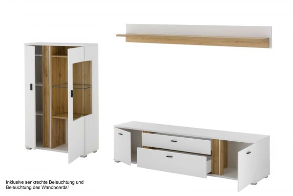 Wohnwand Bellport in wei� matt und Wotan Eiche Wohnkombination inklusive Frontbeleuchtung 290 cm