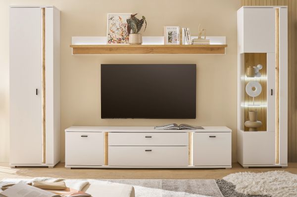 Wohnwand Bellport in wei� matt und Wotan Eiche Wohnkombination inklusive Frontbeleuchtung 330 x 200