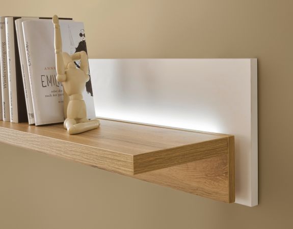 Wohnwand Bellport in wei� matt und Wotan Eiche Wohnkombination inklusive Frontbeleuchtung 330 x 200