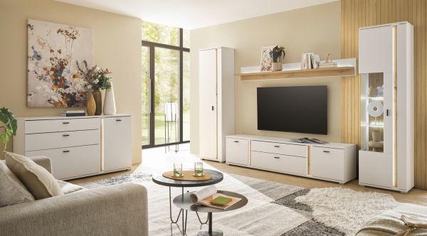 Wohnwand Bellport in wei� matt und Wotan Eiche Wohnkombination inklusive Frontbeleuchtung 330 x 200