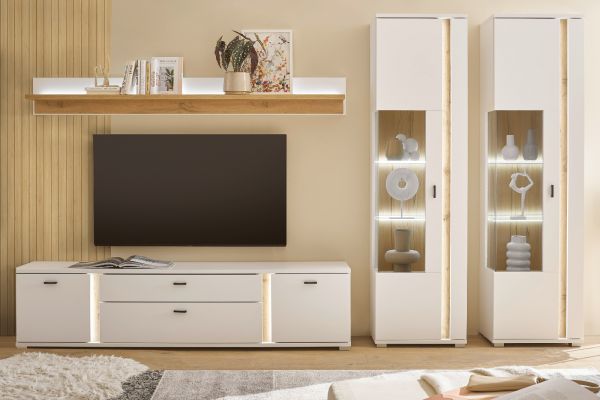 Wohnwand Bellport in wei� matt und Wotan Eiche Wohnkombination inklusive Frontbeleuchtung 330 x 200