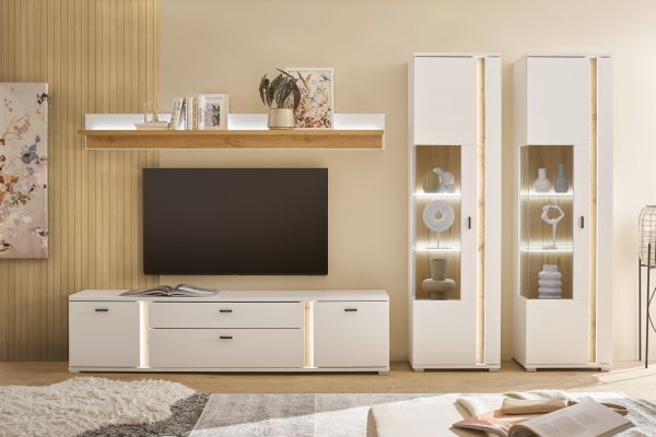Wohnwand Bellport in wei� matt und Wotan Eiche Wohnkombination inklusive Frontbeleuchtung 330 x 200