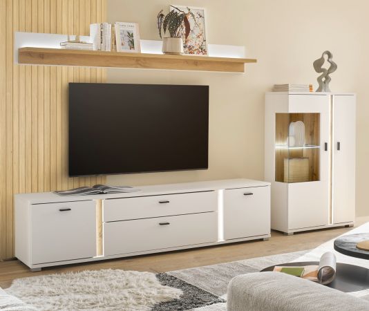 Wohnwand Bellport in wei� matt und Wotan Eiche Wohnkombination inklusive Frontbeleuchtung 290 cm