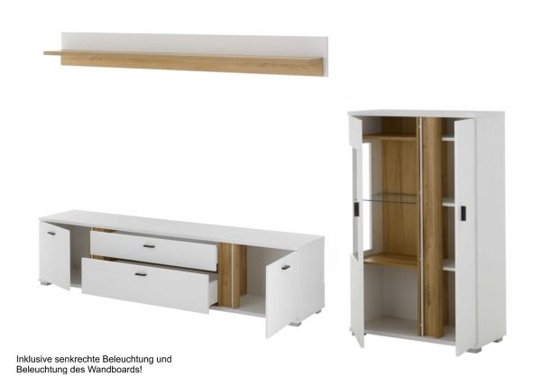 Wohnwand Bellport in wei� matt und Wotan Eiche Wohnkombination inklusive Frontbeleuchtung 290 cm
