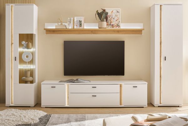 Wohnwand Bellport in wei� matt und Wotan Eiche Wohnkombination inklusive Frontbeleuchtung 330 x 200