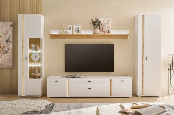 Wohnwand Bellport in wei� matt und Wotan Eiche Wohnkombination inklusive Frontbeleuchtung 330 x 200