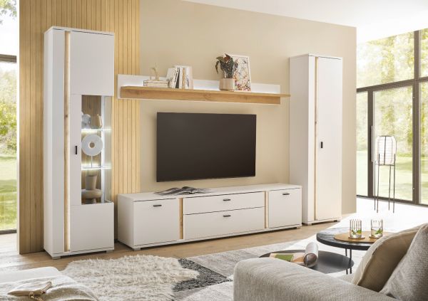 Wohnwand Bellport in wei� matt und Wotan Eiche Wohnkombination inklusive Frontbeleuchtung 330 x 200
