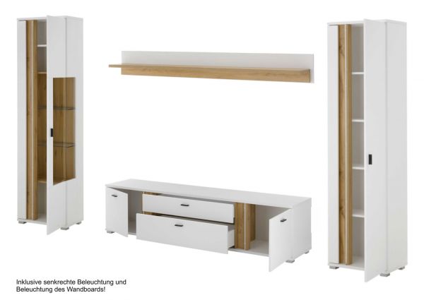 Wohnwand Bellport in wei� matt und Wotan Eiche Wohnkombination inklusive Frontbeleuchtung 330 x 200