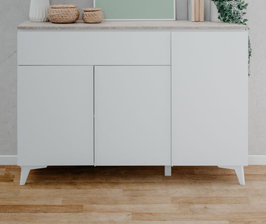Sideboard Visby in wei� und Sandstein Wohn- und Esszimmer Kommode 133 x 92 cm