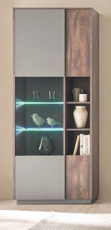 Vitrine Piano in Thermo Eiche und grau Vitrinenschrank mit Soft-Close 80 x 200 cm