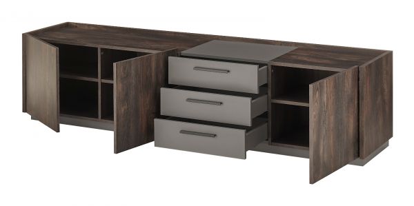 TV-Lowboard Piano in Thermo Eiche und grau XL TV Unterteil mit Soft-Close 200 x 50 cm