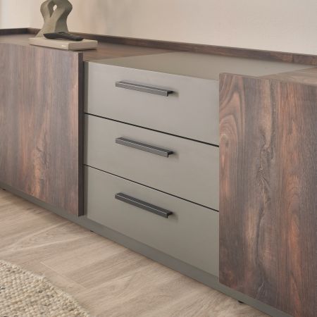 TV-Lowboard Piano in Thermo Eiche und grau XL TV Unterteil mit Soft-Close 200 x 50 cm