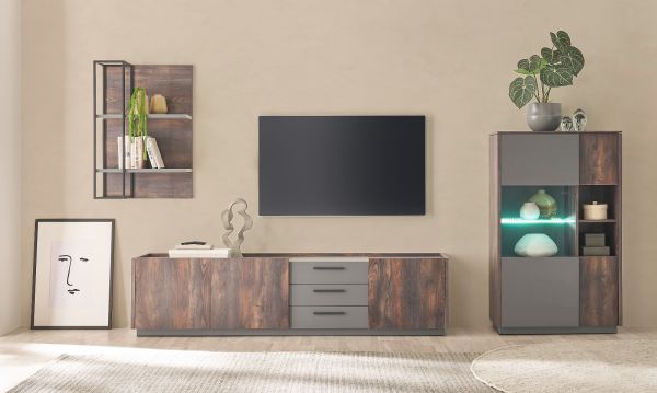 TV-Lowboard Piano in Thermo Eiche und grau XL TV Unterteil mit Soft-Close 200 x 50 cm