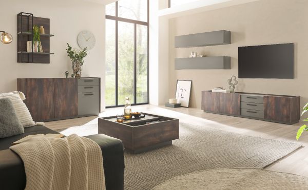 TV-Lowboard Piano in Thermo Eiche und grau XL TV Unterteil mit Soft-Close 200 x 50 cm