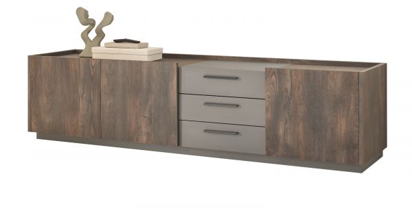 TV-Lowboard Piano in Thermo Eiche und grau XL TV Unterteil mit Soft-Close 200 x 50 cm