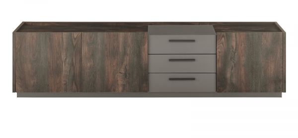 TV-Lowboard Piano in Thermo Eiche und grau XL TV Unterteil mit Soft-Close 200 x 50 cm