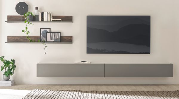 Wohnwand Piano in Thermo Eiche und grau Wohnkombination 4-teilig 380 x 170 cm