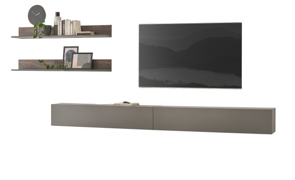 Wohnwand Piano in Thermo Eiche und grau Wohnkombination 4-teilig 380 x 170 cm