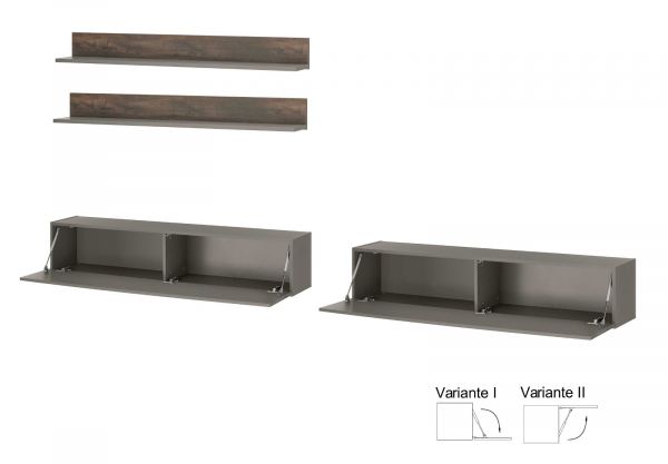 Wohnwand Piano in Thermo Eiche und grau Wohnkombination 4-teilig 380 x 170 cm