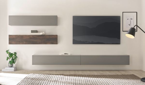 Wohnwand Piano in Thermo Eiche und grau Wohnkombination 4-teilig 380 x 200 cm