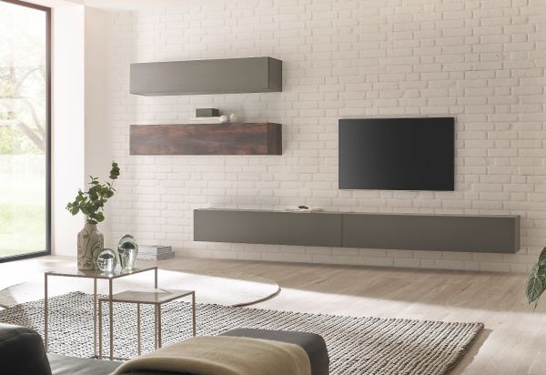Wohnwand Piano in Thermo Eiche und grau Wohnkombination 4-teilig 380 x 200 cm