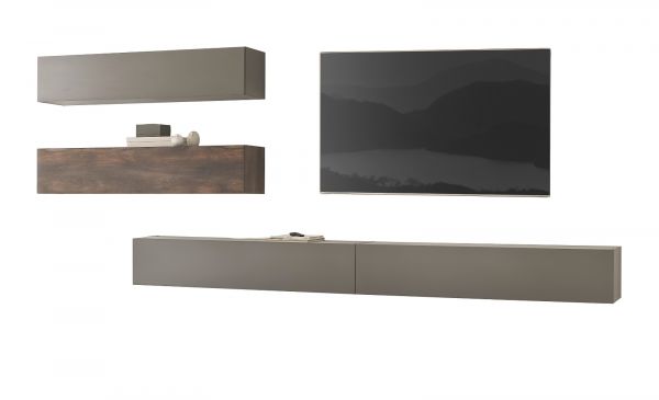 Wohnwand Piano in Thermo Eiche und grau Wohnkombination 4-teilig 380 x 200 cm