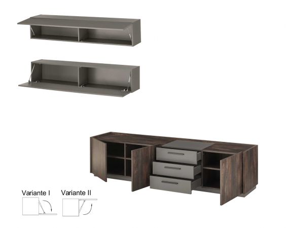 Wohnwand Piano in Thermo Eiche und grau Wohnkombination 3-teilig mit Soft-Close 300 x 200 cm