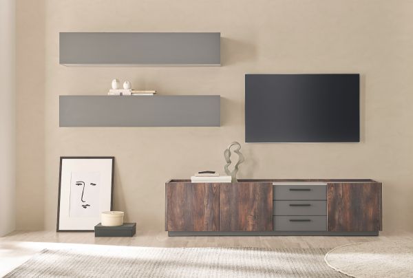 Wohnwand Piano in Thermo Eiche und grau Wohnkombination 3-teilig mit Soft-Close 300 x 200 cm