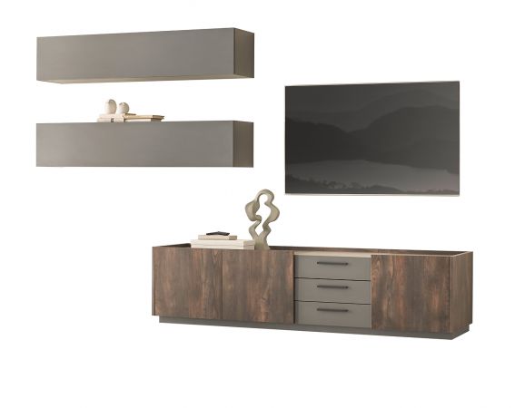 Wohnwand Piano in Thermo Eiche und grau Wohnkombination 3-teilig mit Soft-Close 300 x 200 cm