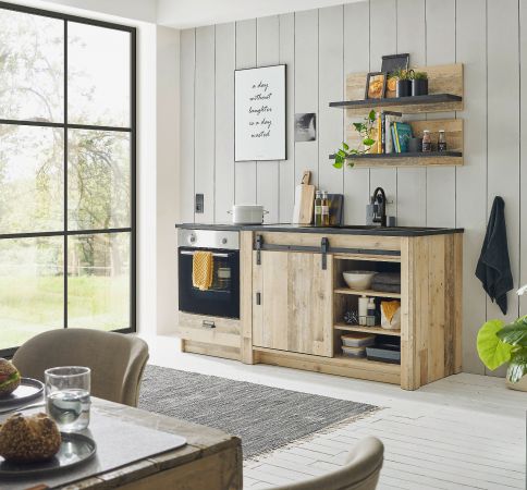 K�che Stove in Used Wood hell und anthrazit K�chenschrank Set 4-teilig 196 x 180 cm