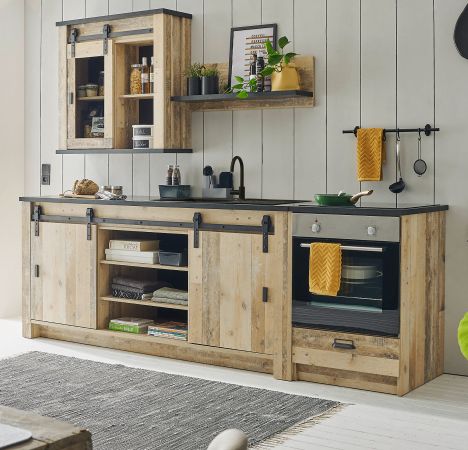 K�che Stove in Used Wood hell und anthrazit K�chenschrank Set 4-teilig 264 x 200 cm