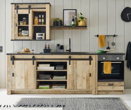 K�che Stove in Used Wood hell und anthrazit K�chenschrank Set 4-teilig 264 x 200 cm