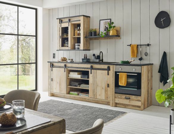 K�che Stove in Used Wood hell und anthrazit K�chenschrank Set 4-teilig 264 x 200 cm