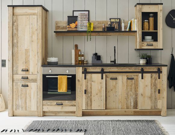 K�che Stove in Used Wood hell und anthrazit K�chenschrank Set 5-teilig 284 x 201 cm