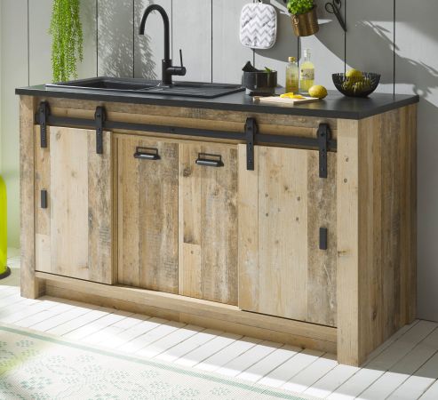 K�che Stove in Used Wood hell und anthrazit K�chenschrank Set 5-teilig 284 x 201 cm