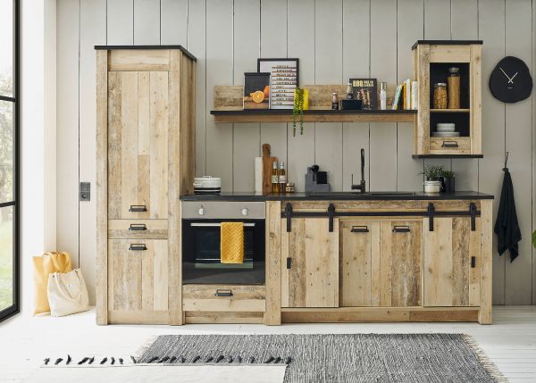K�che Stove in Used Wood hell und anthrazit K�chenschrank Set 5-teilig 284 x 201 cm