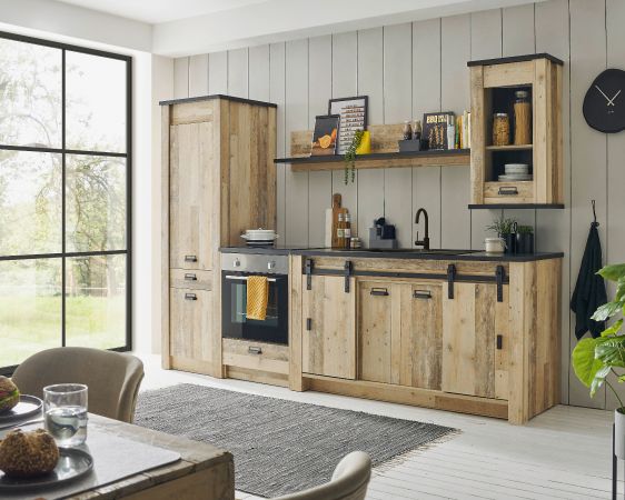 K�che Stove in Used Wood hell und anthrazit K�chenschrank Set 5-teilig 284 x 201 cm