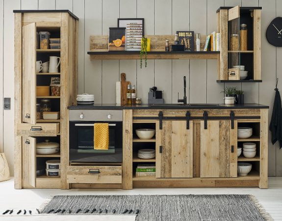 K�che Stove in Used Wood hell und anthrazit K�chenschrank Set 5-teilig 284 x 201 cm