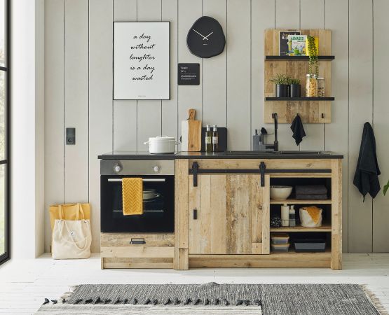 K�che Stove in Used Wood hell und anthrazit K�chenschrank Set 3-teilig 196 x 180 cm