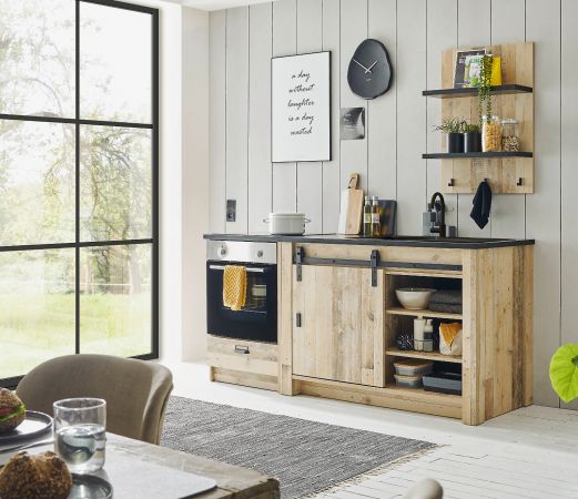 K�che Stove in Used Wood hell und anthrazit K�chenschrank Set 3-teilig 196 x 180 cm