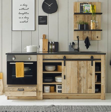 K�che Stove in Used Wood hell und anthrazit K�chenschrank Set 3-teilig 196 x 180 cm