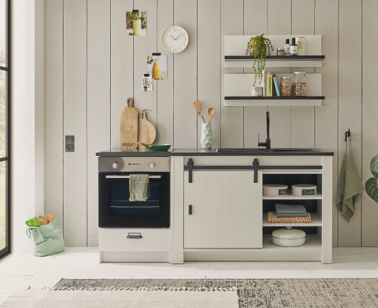 K�che Stove in wei� Pinie und anthrazit Landhaus K�chenschrank Set 4-teilig 196 x 180 cm