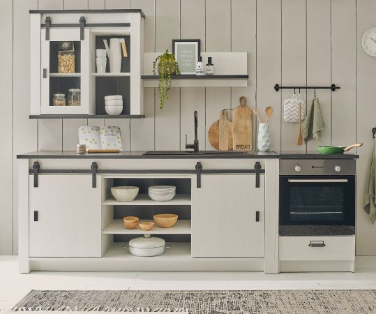 K�che Stove in wei� Pinie und anthrazit Landhaus K�chenschrank Set 4-teilig 264 x 200 cm