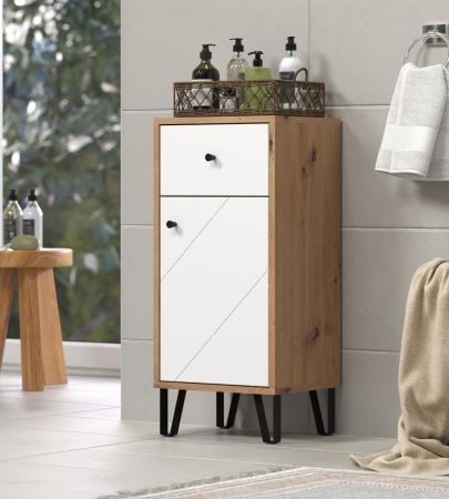 Badezimmer Kommode Linea in wei� matt Lack und Artisan Eiche Badschrank 36 x 79 cm