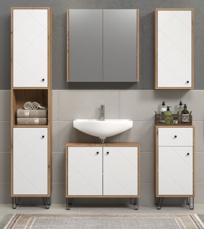 Badezimmer Kommode Linea in wei� matt Lack und Artisan Eiche Badschrank 36 x 79 cm