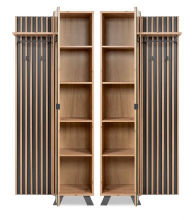 Kompaktgarderobe Madem in Artisan Eiche und Anthrazit mit 3D-Lamellen Garderobe mit Spiegel 80 x 190 cm