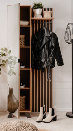 Kompaktgarderobe Madem in Artisan Eiche und Anthrazit mit 3D-Lamellen Garderobe mit Spiegel 80 x 190 cm