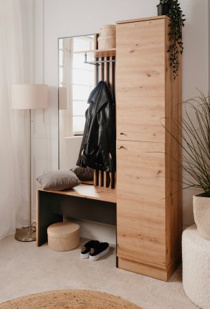 Kompaktgarderobe Madem in Artisan Eiche und Anthrazit mit 3D-Lamellen Garderobe mit Spiegel 122 x 190 cm