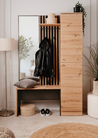 Kompaktgarderobe Madem in Artisan Eiche und Anthrazit mit 3D-Lamellen Garderobe mit Spiegel 122 x 190 cm