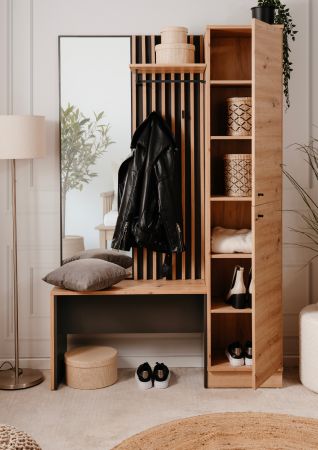 Kompaktgarderobe Madem in Artisan Eiche und Anthrazit mit 3D-Lamellen Garderobe mit Spiegel 122 x 190 cm